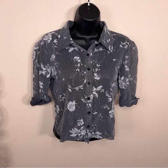 Vintage 90s Medium Eyeshadow Grey White Floral Stretch Top Button Up Half Sleeve - Picture 12 of 12